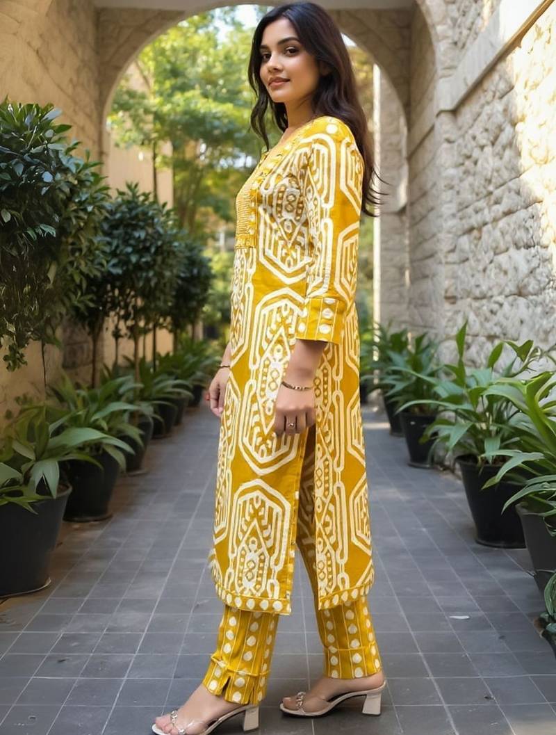 Women Geometric Printed Cotton Kurta with Trousers