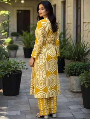 Women Geometric Printed Cotton Kurta with Trousers 4