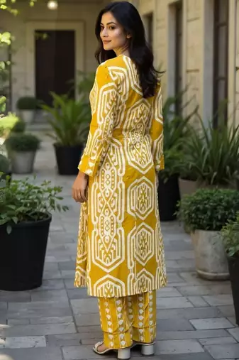 Women Geometric Printed Cotton Kurta with Trousers
