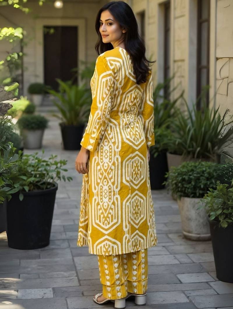 Women Geometric Printed Cotton Kurta with Trousers