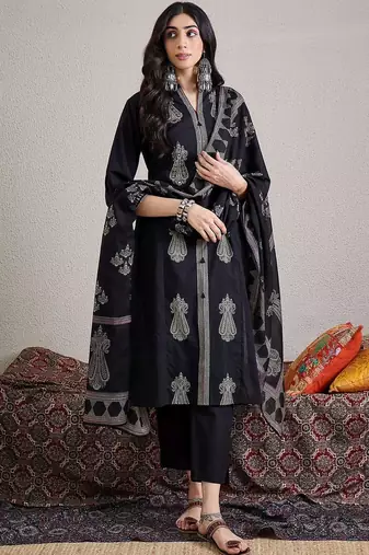 Women Ethnic Motifs Embroidered Cotton Kurta with Trousers & Dupatta