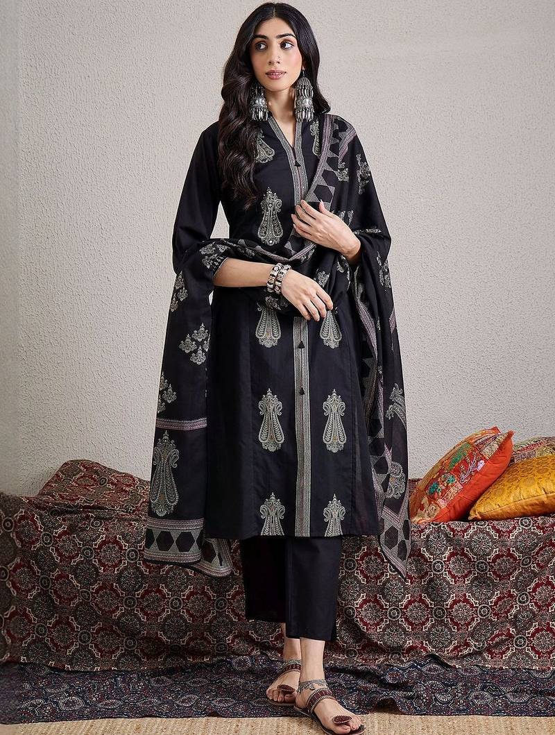 Women Ethnic Motifs Embroidered Cotton Kurta with Trousers & Dupatta
