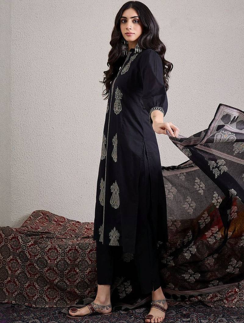 Women Ethnic Motifs Embroidered Cotton Kurta with Trousers & Dupatta