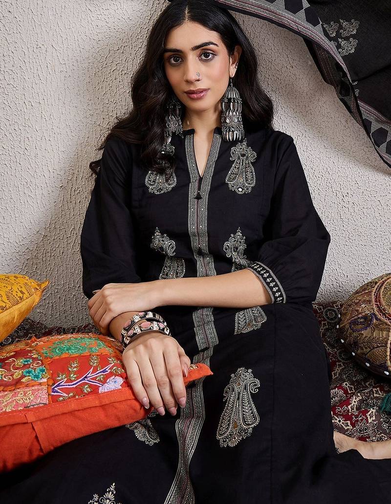 Women Ethnic Motifs Embroidered Cotton Kurta with Trousers & Dupatta