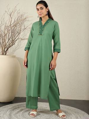 Women Ethnic Motifs Embroidered Sequinned Pure Cotton Kurta with Trousers 1