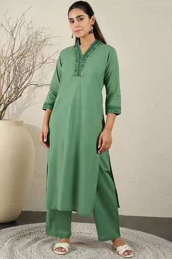 Women Ethnic Motifs Embroidered Sequinned Pure Cotton Kurta with Trousers