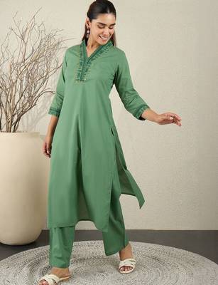 Women Ethnic Motifs Embroidered Sequinned Pure Cotton Kurta with Trousers 3