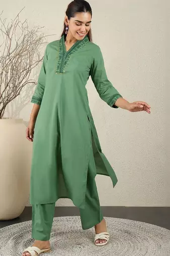 Women Ethnic Motifs Embroidered Sequinned Pure Cotton Kurta with Trousers