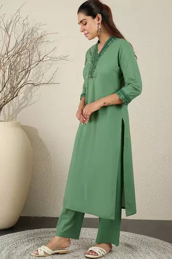 Women Ethnic Motifs Embroidered Sequinned Pure Cotton Kurta with Trousers