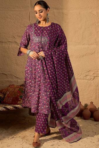 Floral Printed Kurta With Trouser & With Dupatta