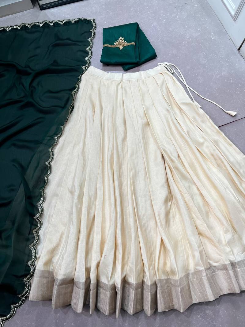 Women Cream & Dark Green Poly Kotha Tussar silk blend Onam Special Lehenga Choli with Embroidered Dupatta