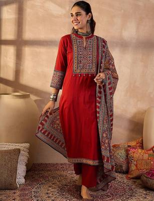 Women Ethnic Motifs Embroidered Cotton Kurta with Trousers & With Dupatta 1