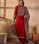 Women Ethnic Motifs Embroidered Cotton Kurta with Trousers & With Dupatta