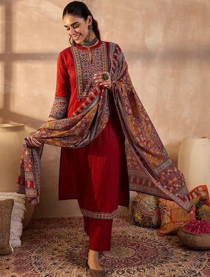 Women Ethnic Motifs Embroidered Cotton Kurta with Trousers & With Dupatta 3