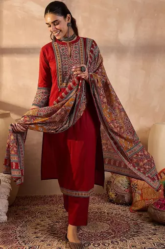 Women Ethnic Motifs Embroidered Cotton Kurta with Trousers & With Dupatta