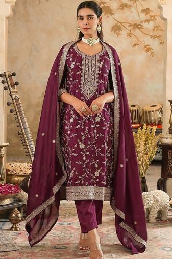 Floral Embroidered Kurta With Trouser & With Dupatta