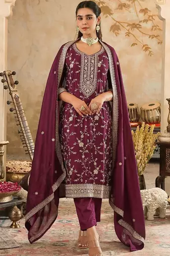Floral Embroidered Kurta With Trouser & With Dupatta