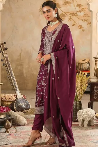 Floral Embroidered Kurta With Trouser & With Dupatta