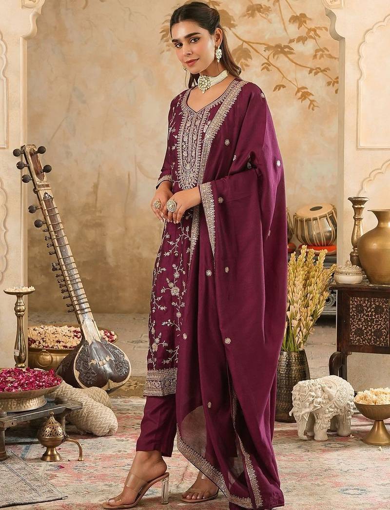 Floral Embroidered Kurta With Trouser & With Dupatta