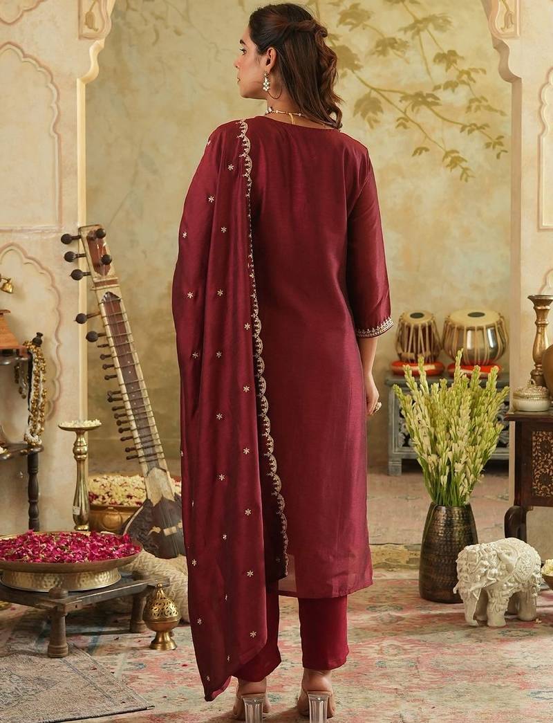 Floral Embroidered Kurta With Trouser & With Dupatta