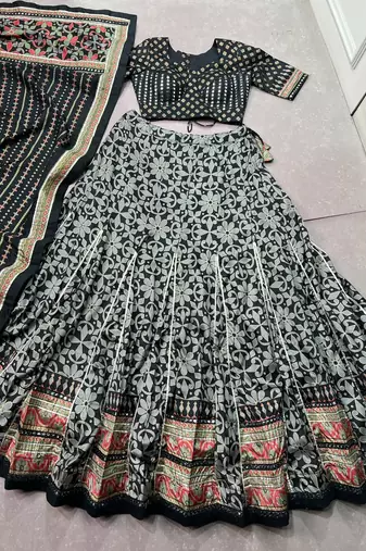 Tasar silk blend Printed Free Size Ghaghra Choli with Lace Border & Dupatta for Navratri Garba