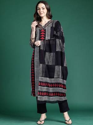Geometric Printed Straight Pure Cotton Kurta With Trouser And Dupatta 1