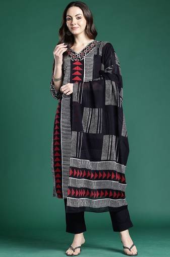 Geometric Printed Straight Pure Cotton Kurta With Trouser And Dupatta