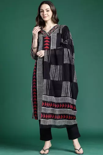 Geometric Printed Straight Pure Cotton Kurta With Trouser And Dupatta
