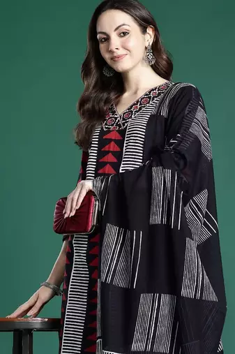 Geometric Printed Straight Pure Cotton Kurta With Trouser And Dupatta