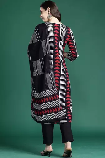 Geometric Printed Straight Pure Cotton Kurta With Trouser And Dupatta