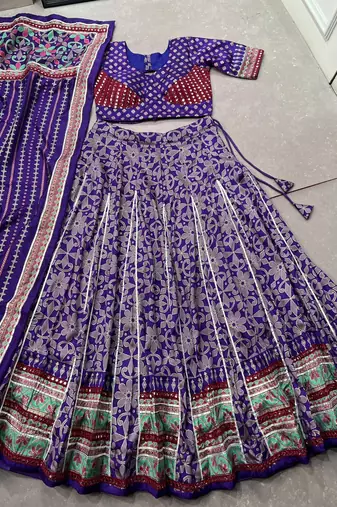 Tasar silk blend Printed Free Size Ghaghra Choli with Lace Border & Dupatta for Navratri Garba