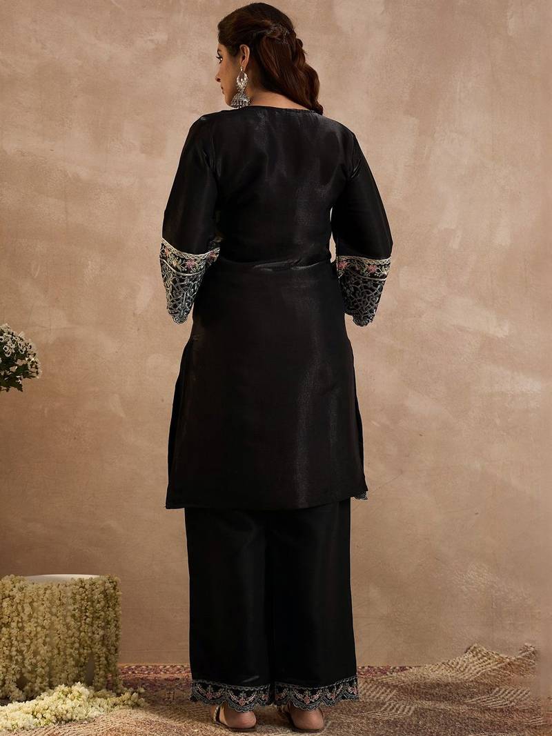 Floral Embroidered V-Neck Thread Work Straight Kurta & Palazzos