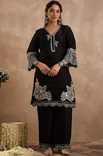 Floral Embroidered V-Neck Thread Work Straight Kurta & Palazzos