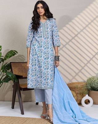 Women Ethnic Motifs Printed Pure Cotton Kurta with Trousers & Dupatta 6