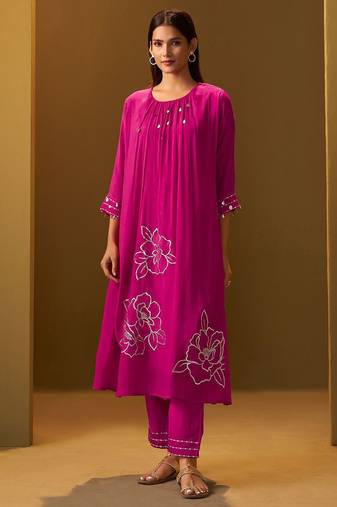 Floral Printed A-Line Mirror Work Kurta With Trouser