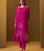 Floral Printed A-Line Mirror Work Kurta With Trouser