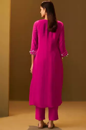 Floral Printed A-Line Mirror Work Kurta With Trouser