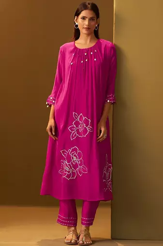 Floral Printed A-Line Mirror Work Kurta With Trouser