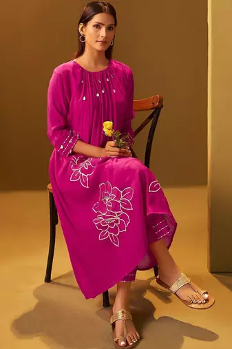 Floral Printed A-Line Mirror Work Kurta With Trouser