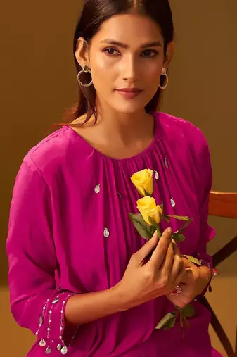 Floral Printed A-Line Mirror Work Kurta With Trouser
