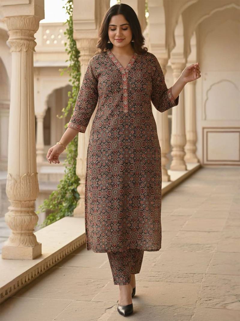 Floral Printed Pure Cotton Straight Kurta With Trousers