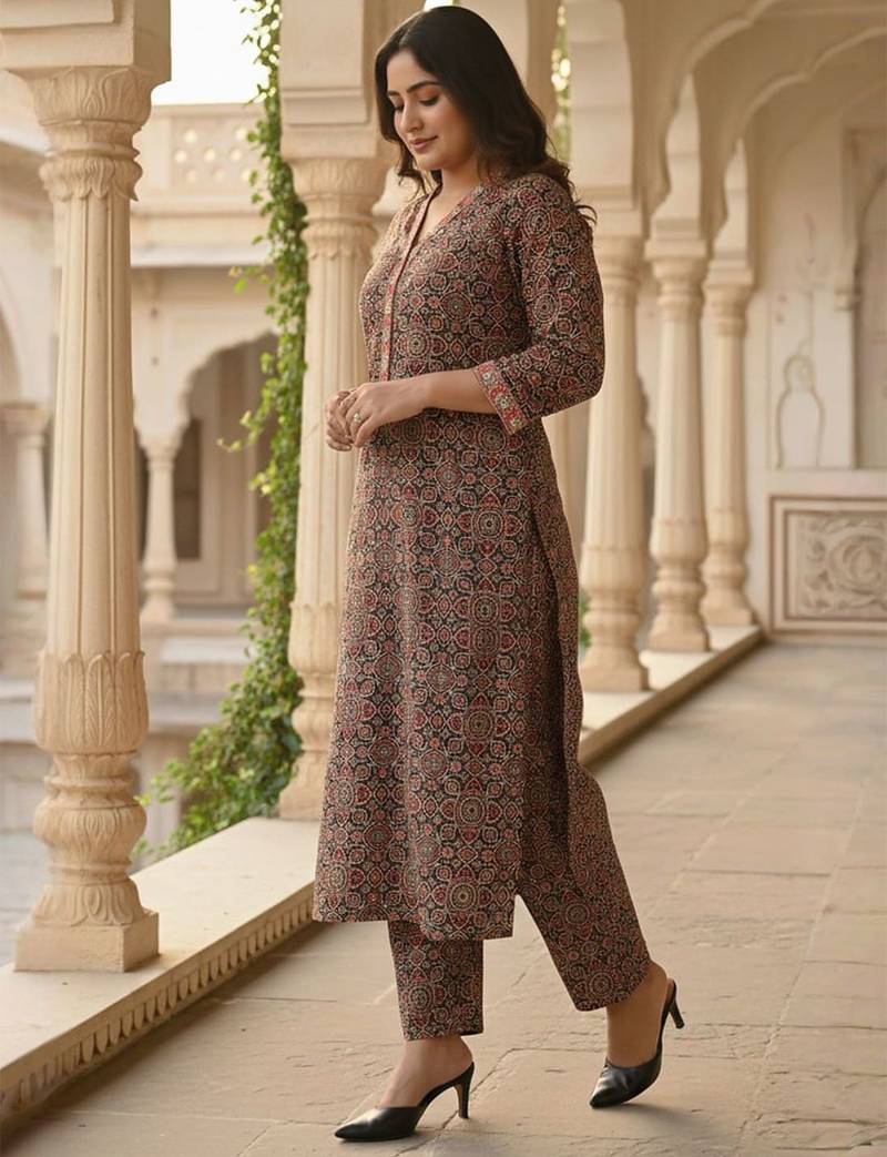 Floral Printed Pure Cotton Straight Kurta With Trousers