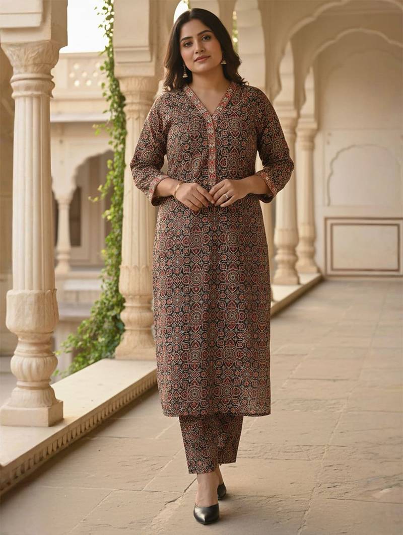 Floral Printed Pure Cotton Straight Kurta With Trousers