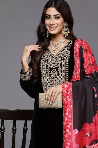 Floral Yoke Design Sequinned Velvet Straight Kurta With Trousers & Dupatta