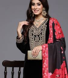 Floral Yoke Design Sequinned Velvet Straight Kurta With Trousers & Dupatta