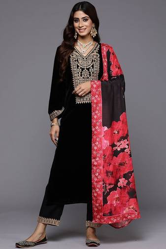 Floral Yoke Design Sequinned Velvet Straight Kurta With Trousers & Dupatta