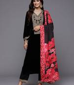 Floral Yoke Design Sequinned Velvet Straight Kurta With Trousers & Dupatta