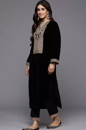 Floral Yoke Design Sequinned Velvet Straight Kurta With Trousers & Dupatta
