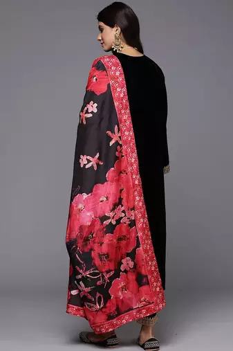 Floral Yoke Design Sequinned Velvet Straight Kurta With Trousers & Dupatta