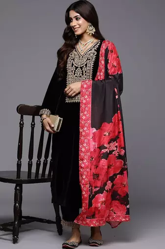 Floral Yoke Design Sequinned Velvet Straight Kurta With Trousers & Dupatta